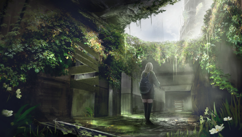 1girl, backpack, bag, blonde_hair, boarded_door, coat, flower, from_behind, grass, hallway, highres, hole_in_ceiling, indoors, momokurianzu, original, overgrown, plant, ruins, scenery, solo, sunlight, thigh-highs