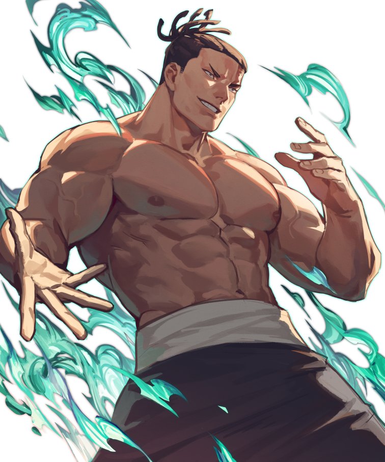 1boy, abs, aura, black_eyes, black_hair, black_pants, cowboy_shot, hairlocs