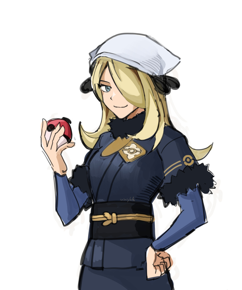 1girl, absurdres, blonde_hair, breasts, cynthia_(pokemon), hair_ornament, hair_over_one_eye, hand_on_hip, hat, highres, long_hair, medium_breasts, obi, poke_ball, pokemon, pokemon_(game), pokemon_dppt, pokemon_legends:_arceus, saiykik, sash, simple_background, solo, white_background, white_headwear