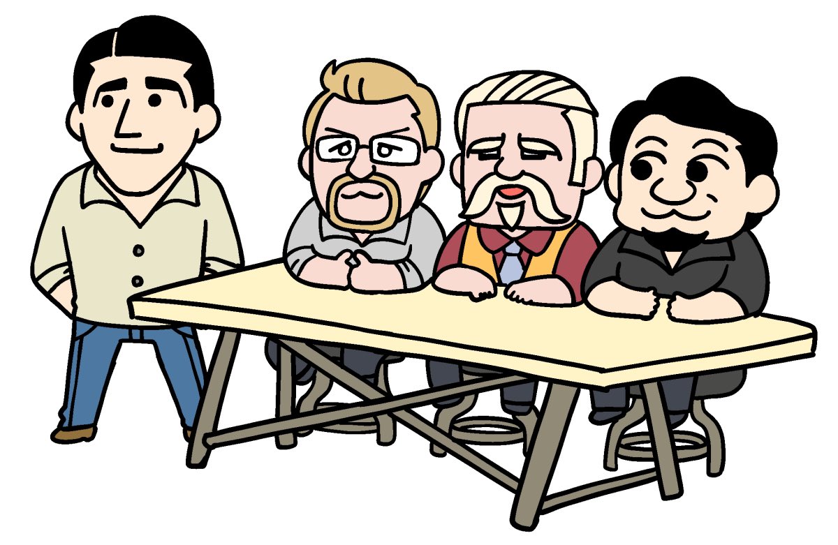 ._., 4boys, :3, beard, beige_shirt, ben_abbott, bkub, black_eyes, black_footwear, black_hair, black_pants, black_shirt, blonde_hair, blue_neckwear, blue_pants, brown_footwear, buttons, chibi, closed_eyes, closed_mouth, collared_shirt, commentary, david_baker, doug_marcaida, facial_hair, flat_color, forged_in_fire, full_body, glasses, goatee, grey_shirt, hands_together, happy, j._neilson, jpeg_artifacts, legs_apart, looking_at_another, looking_to_the_side, male_focus, multiple_boys, mustache, necktie, orange_vest, pants, real_life, red_shirt, shirt, shoes, short_hair, simple_background, sitting, sleeves_rolled_up, smile, standing, table, v-shaped_eyebrows, vest, white_background