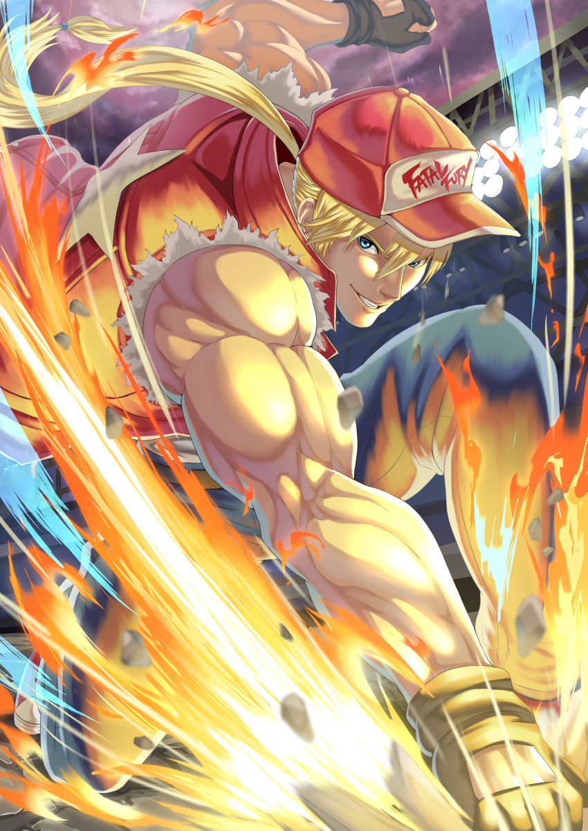 1boy, absurdres, baseball_cap, blonde_hair, blue_eyes, denim, fatal_fury, fingerless_gloves