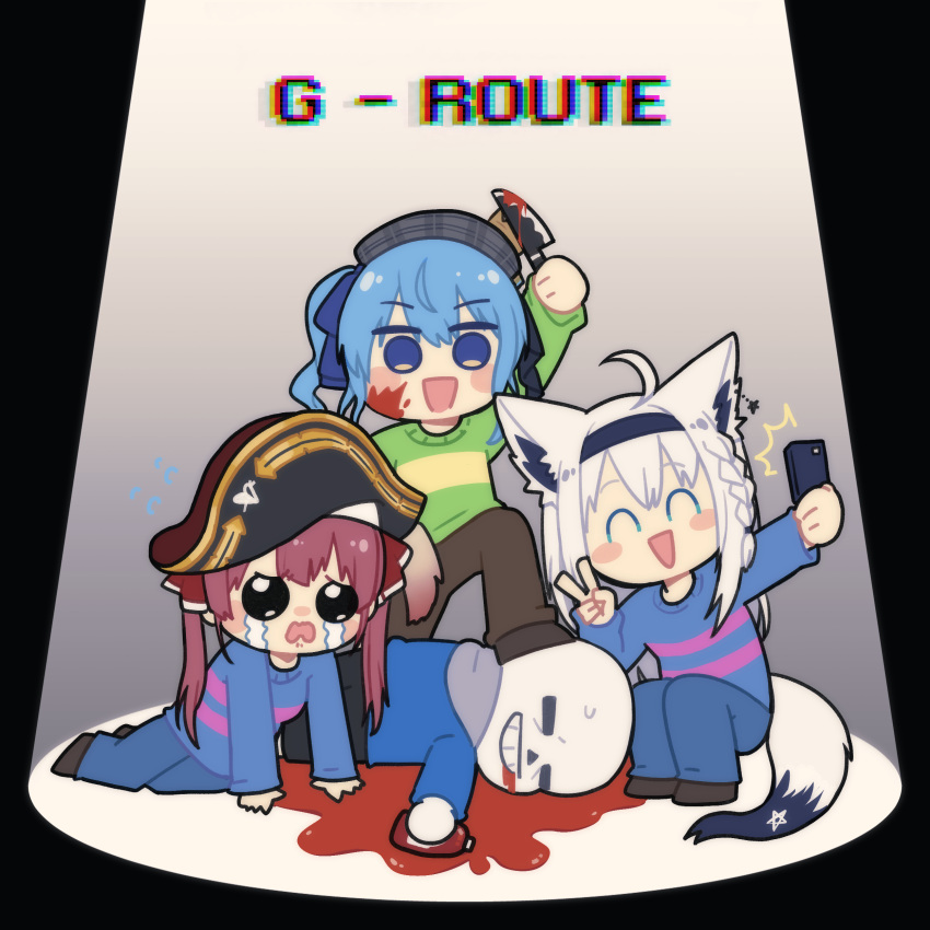 1boy, 3girls, absurdres, ahoge, animal_ears, blue_hair, cellphone, chara_(undertale)_(cosplay)