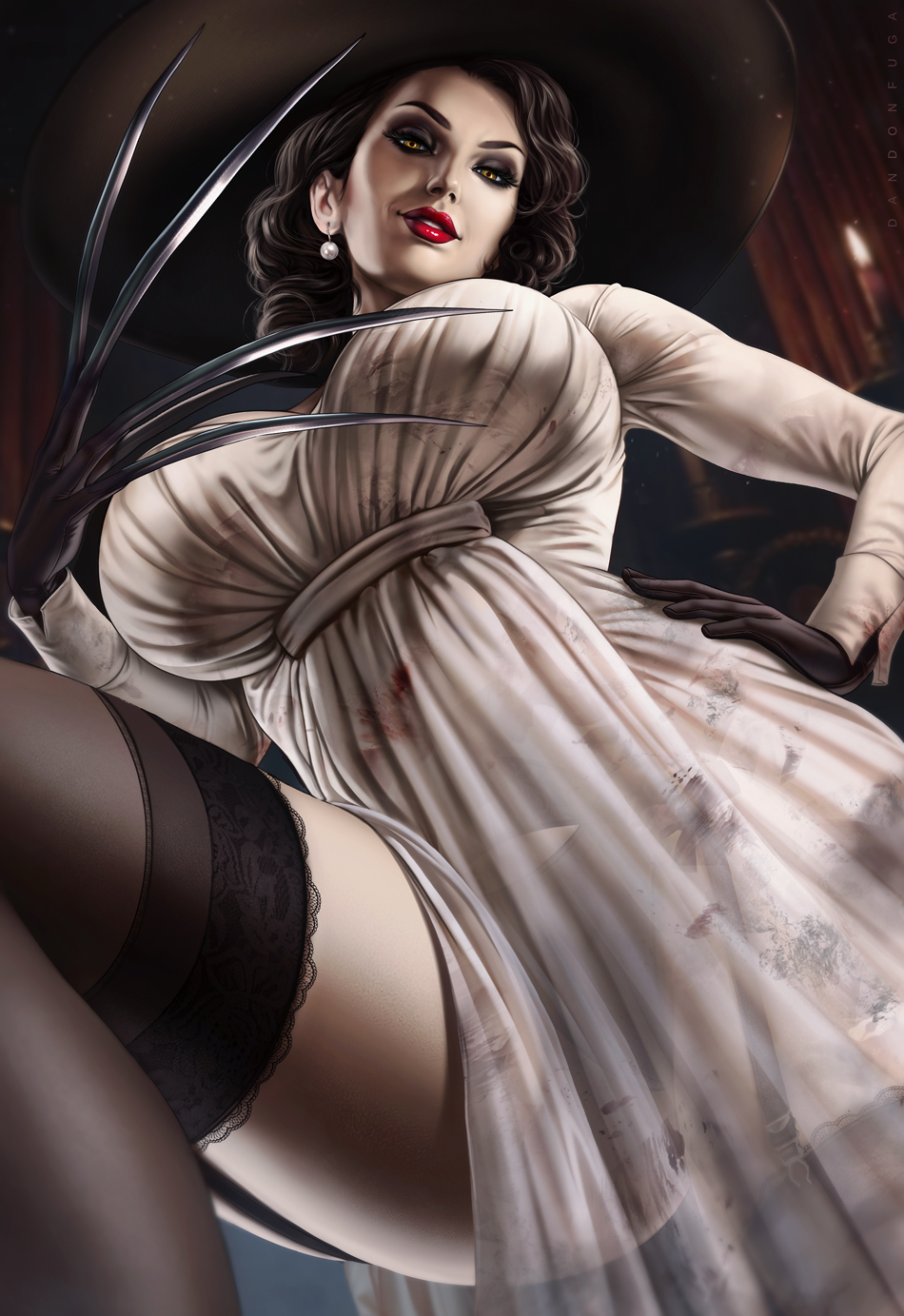 1girl, alcina_dimitrescu, black_gloves, black_hair, breasts, candle, claw_(weapon), dandon_fuga