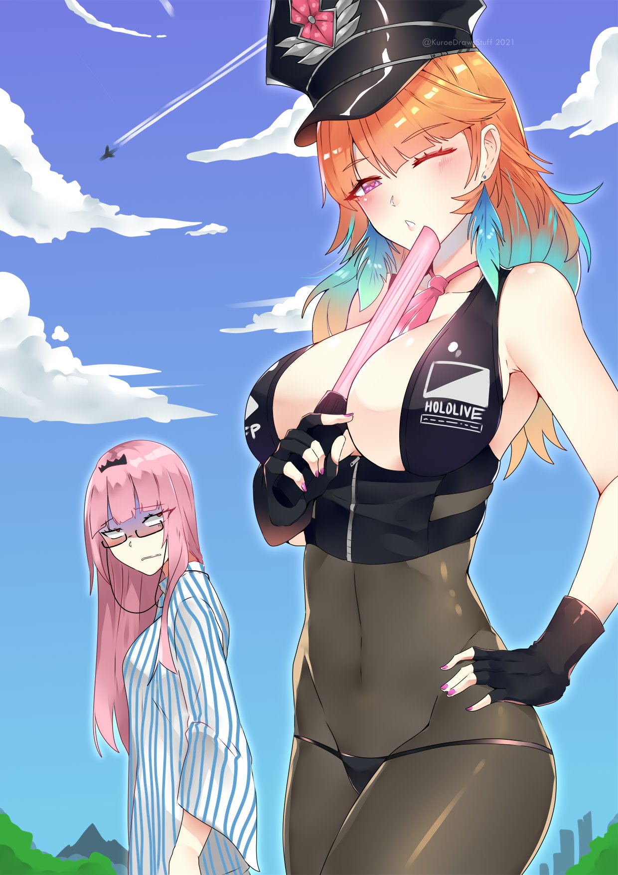 2girls, aircraft, airplane, baton, black_gloves, blue_sky, bodystocking, clouds