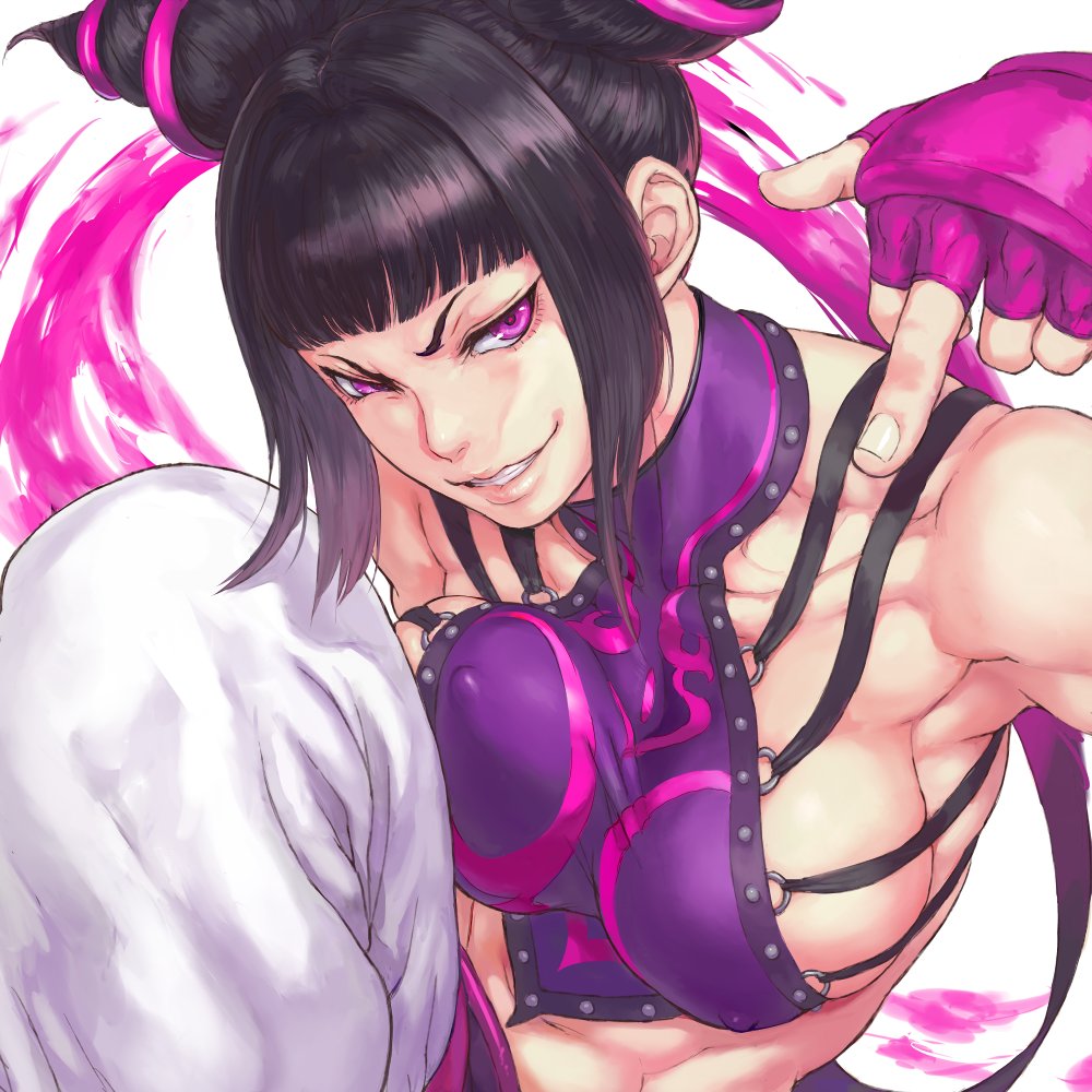 1girl, abs, baggy_pants, bangs, breasts, covered_nipples, drill_hair, fingerless_gloves, gloves, halter_top, halterneck, han_juri, large_breasts, lips, middle_finger, muscular, muscular_female, pants, parted_lips, shu-mai, simple_background, solo, street_fighter, street_fighter_iv_(series), twin_drills, violet_eyes, white_background