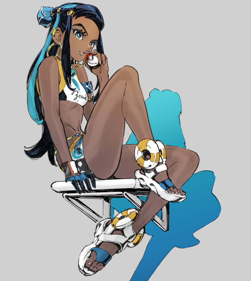 1girl, ahn_dongshik, belly_chain, black_hair, blue_eyeshadow, blue_hair, breasts, dark_skin