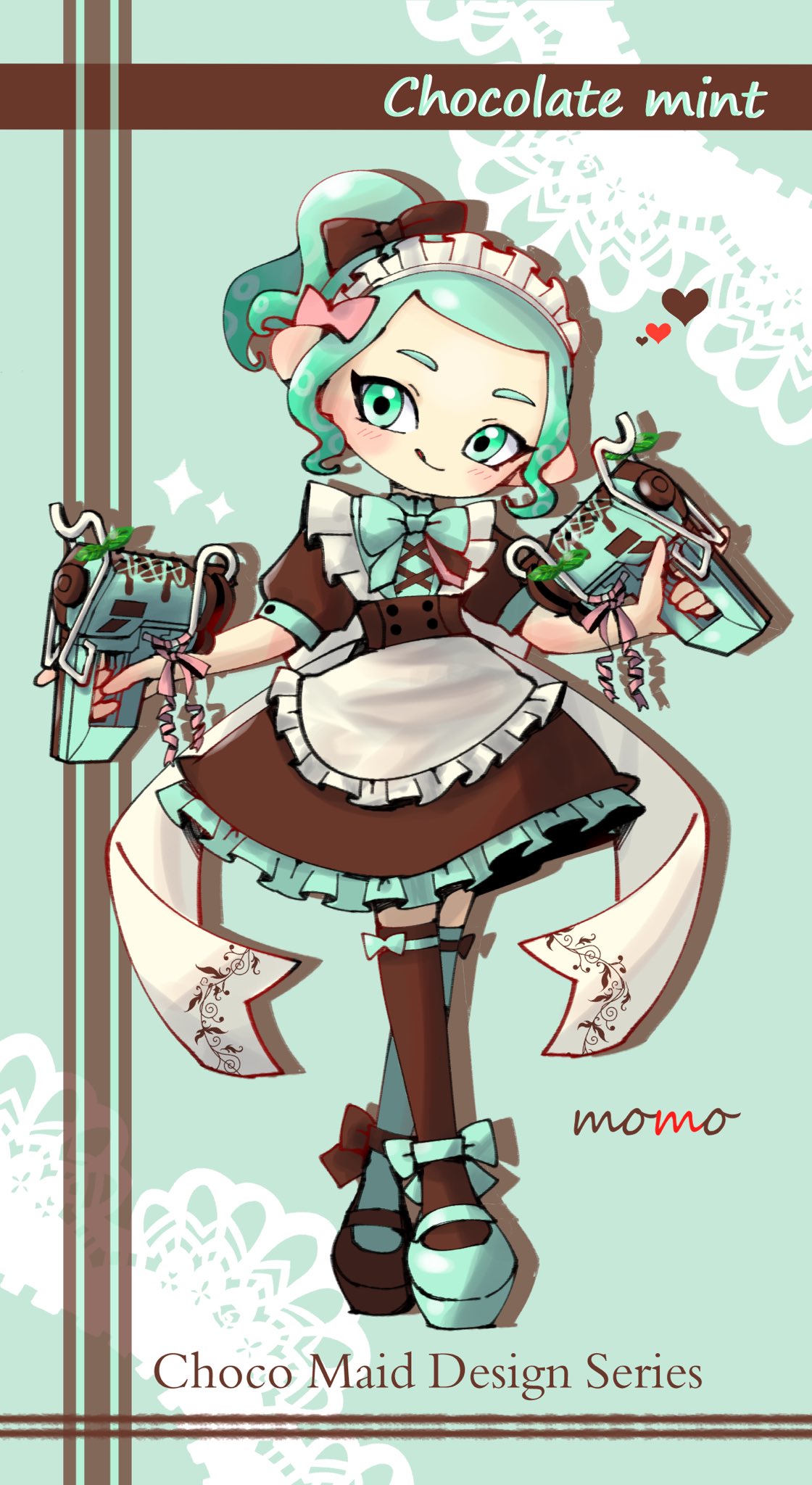 1girl, :q, apron, artist_name, back_bow, black_bow, black_dress, black_footwear