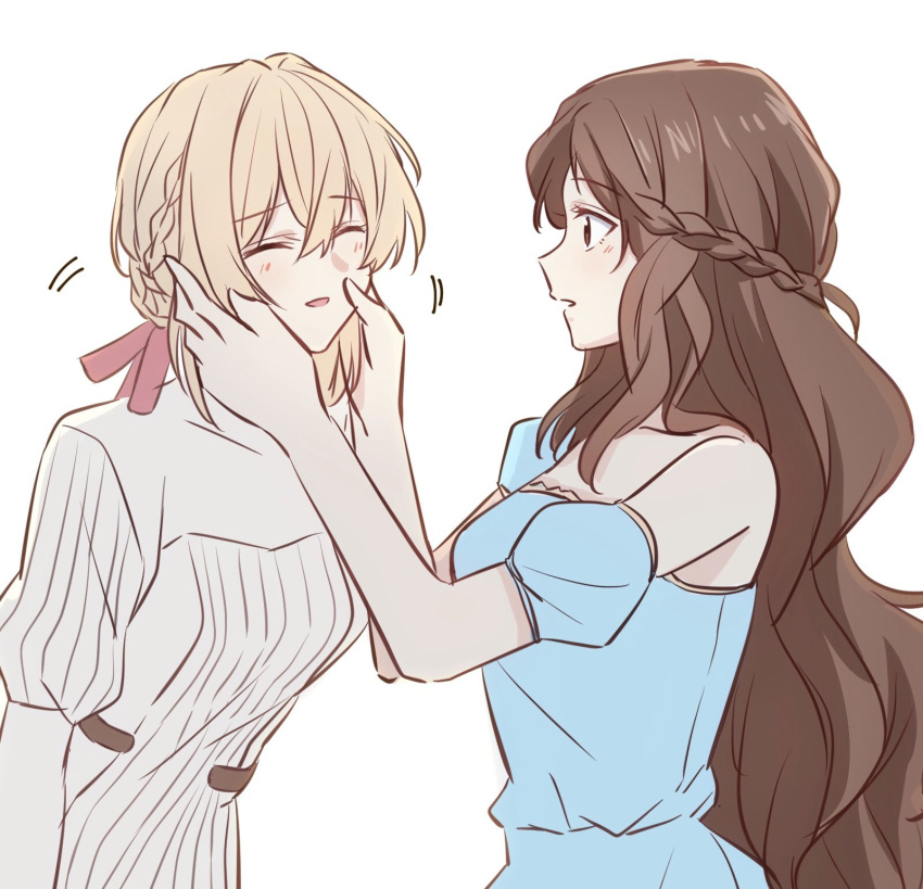 2girls, bangs, bare_shoulders, blonde_hair, blue_dress, blush, braid, brown_eyes