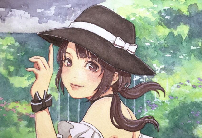 1girl, black_headwear, blush, bow, brown_eyes, brown_hair, bunbun_hop, derivative_work