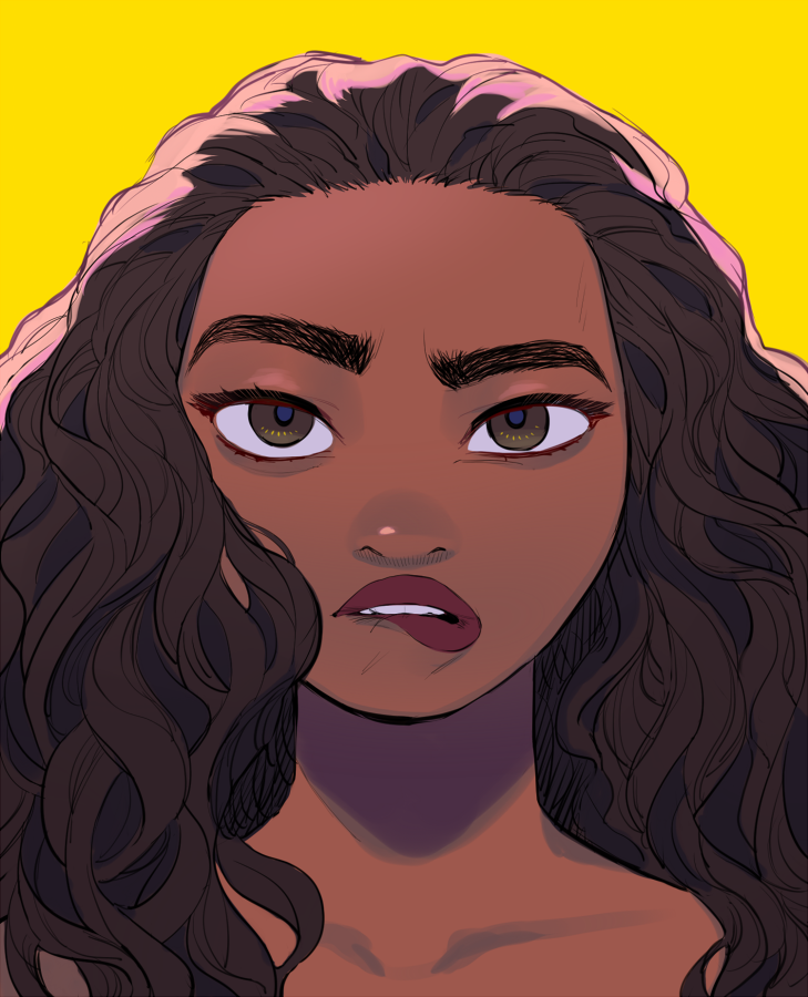 1girl, backlighting, biting, brown_eyes, brown_hair, close-up, collarbone, dark-skinned_female