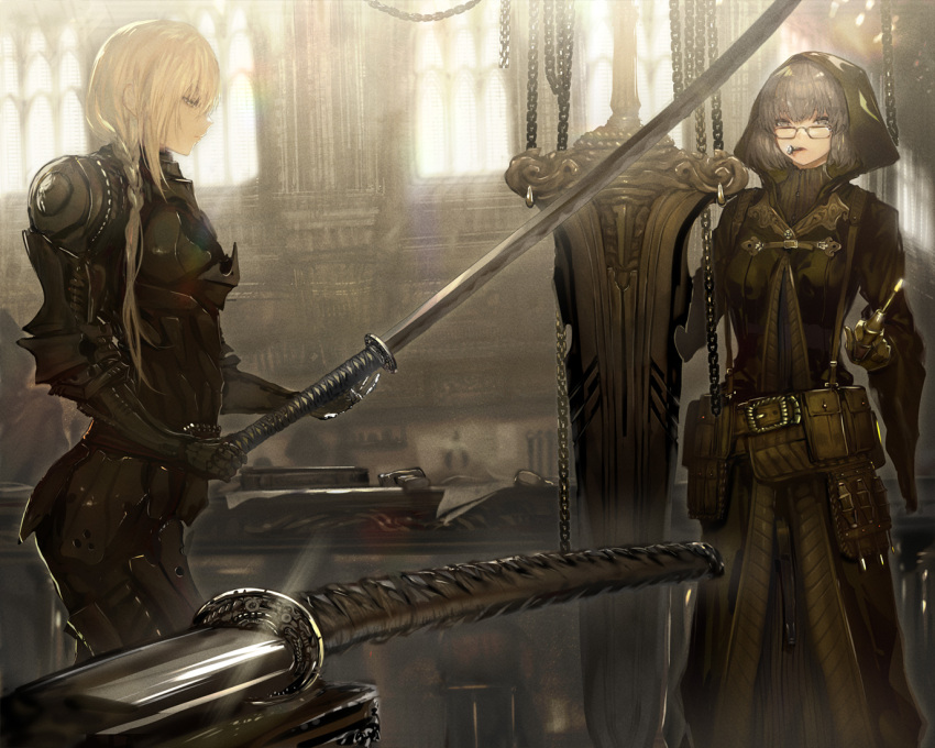 2girls, armor, bangs, black_hair, blonde_hair, braid, breasts, chain, fantasy, glasses, green_eyes, holding, holding_sword, holding_weapon, hood, hood_up, huge_weapon, katana, kazunari_(prawn10231), knight, looking_down, medium_breasts, multiple_girls, original, sword, weapon