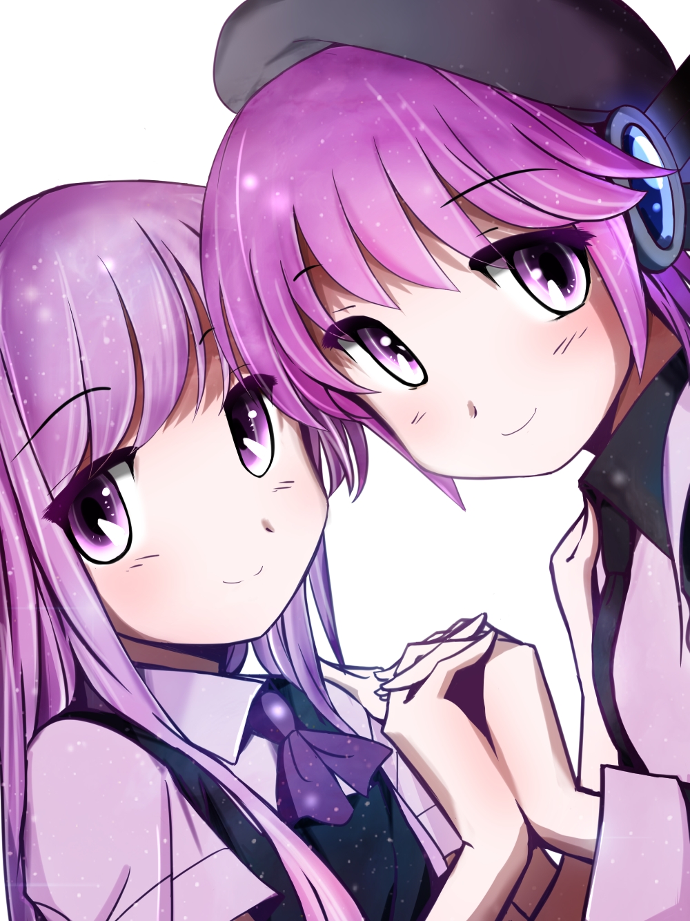 2girls, bangs, beret, black_collar, black_dress, black_headwear, black_shirt, blush