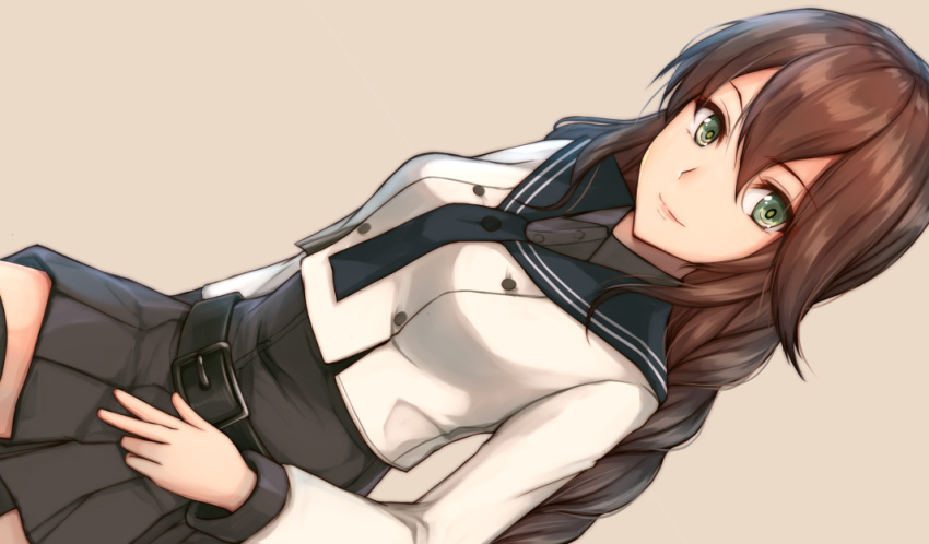 1girl, anatamo, bangs, belt, black_belt, black_shirt, black_skirt, braid