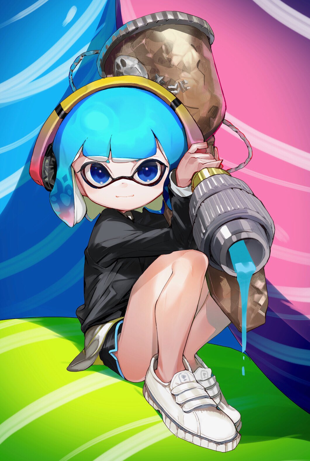 1girl, aerospray_(splatoon), bangs, black_shirt, black_shorts, blue_eyes, blue_hair, blunt_bangs, bob_cut, closed_mouth, commentary, dolphin_shorts, domino_mask, headphones, highres, inkling, long_sleeves, looking_at_viewer, mask, no_socks, over_shoulder, oversized_object, paint, pointy_ears, shima_(5p6p7p), shirt, shoes, short_hair, short_shorts, shorts, sitting, smile, sneakers, solo, splatoon_(series), splatoon_2, symbol_commentary, tentacle_hair, white_footwear