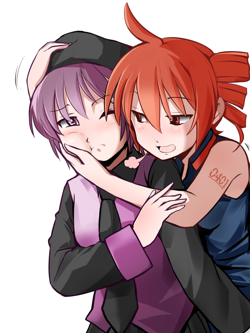 2girls, ahoge, bangs, bare_arms, bare_shoulders, beret, black_collar, black_headwear