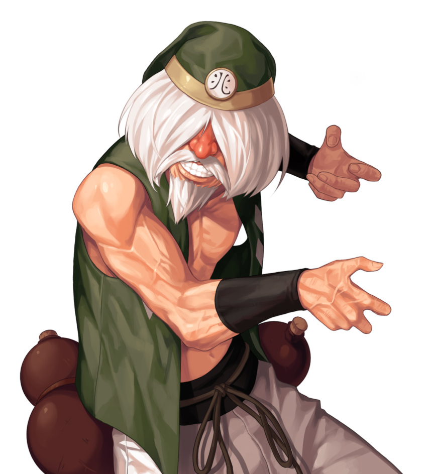 1boy, bangs, bare_pecs, beard, biceps, chin_gentsai, commentary_request, evilgun