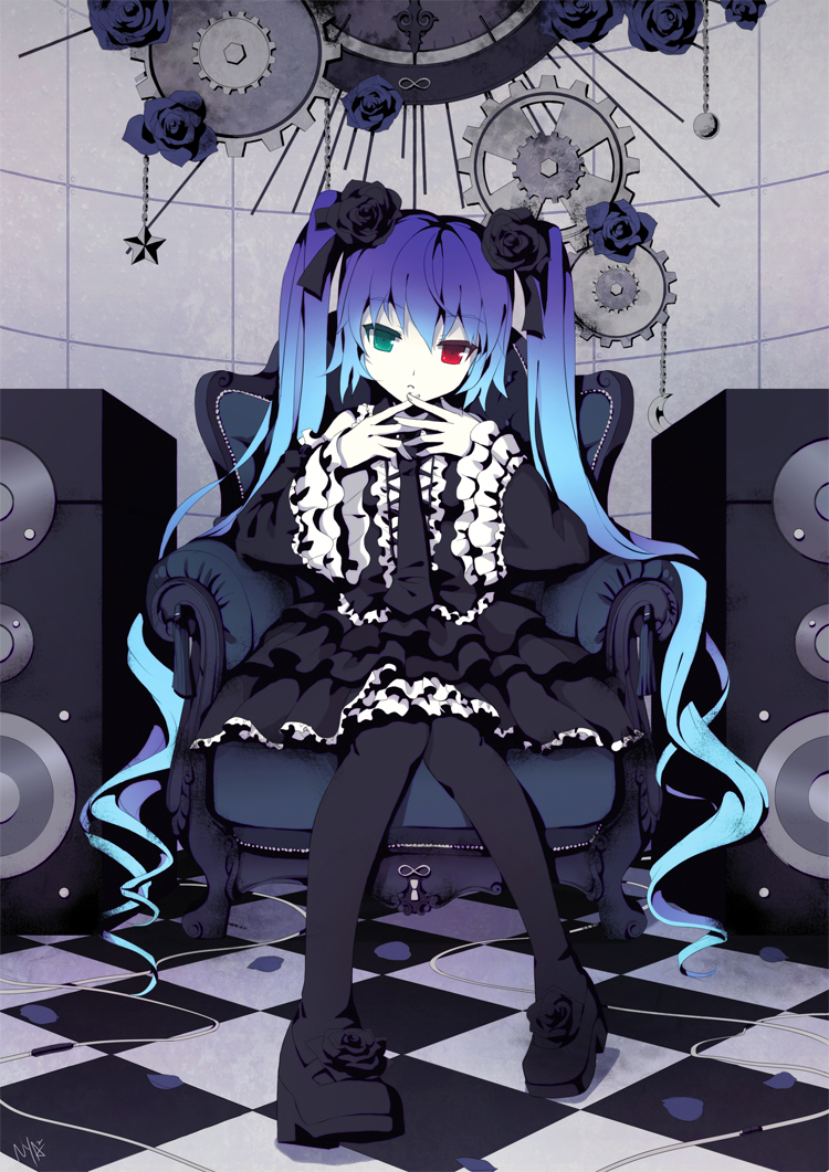 chair, checkered, checkered_floor, crescent, expressionless, frills, gears, gothic_lolita, gradient_hair, green_eyes, hatsune_miku, heterochromia, infinity_(module), lolita_fashion, long_hair, multicolored_hair, nyanya, petals, project_diva, project_diva_(series), project_diva_2nd, red_eyes, rose_petals, sitting, speaker, star, twintails, very_long_hair, vocaloid