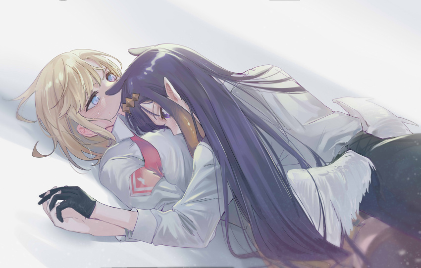 2girls, black_gloves, black_skirt, blonde_hair, blue_eyes, character_request, copyright_request, crow_(aaaaaaa068345)