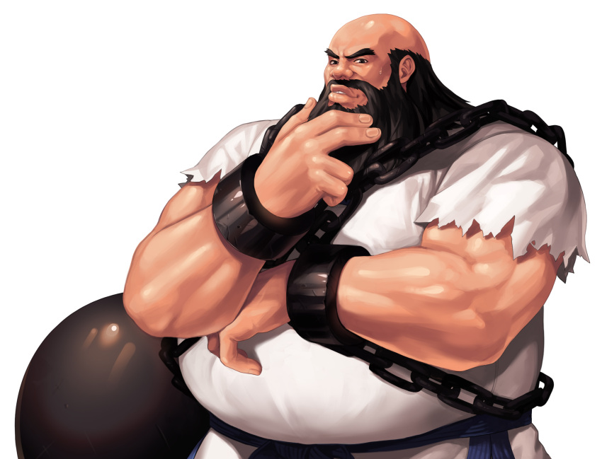 1boy, bald, ball_and_chain_(weapon), beard, biceps, black_eyes, chang_koehan, chin_stroking, commentary_request, cuffs, dobok, evilgun, facial_hair, fat, fat_man, fingernails, hand_on_own_chin, hand_up, highres, iron_ball, lips, long_sideburns, male_focus, muscular, muscular_male, mustache, parted_lips, shackles, short_sleeves, sideburns, simple_background, solo, sweatdrop, teeth, the_king_of_fighters, the_king_of_fighters_'97, thick_eyebrows, upper_body, white_background