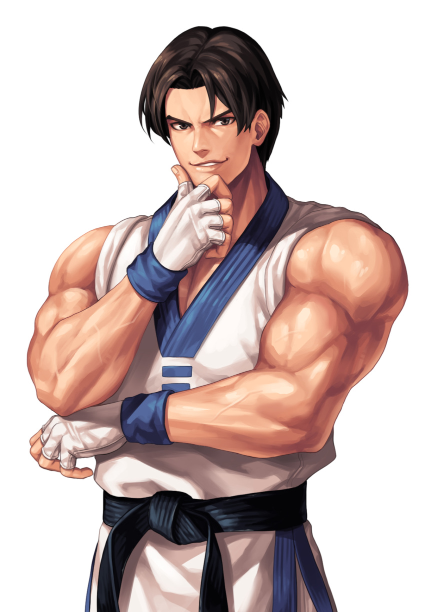 1boy, bangs, bare_shoulders, belt, biceps, black_belt, brown_eyes, brown_hair