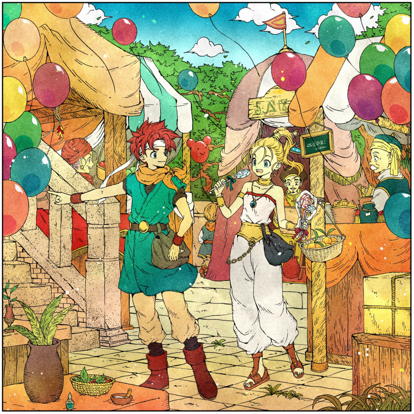 armlet, bag, balloon, belt, blonde_hair, blue_sky, boots, candy