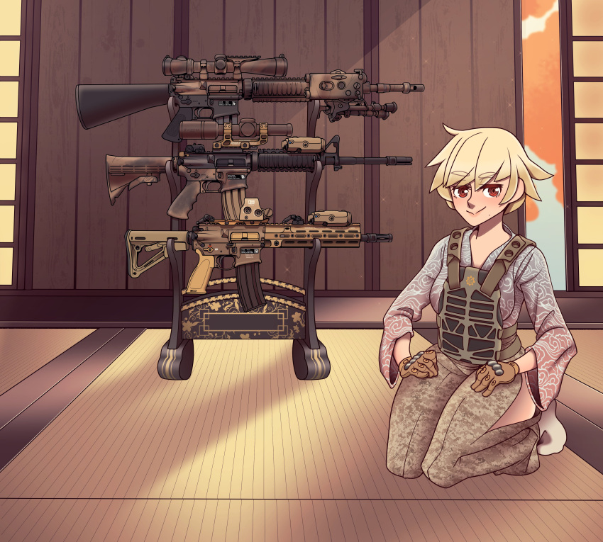 1girl, absurdres, acog, assault_rifle, blonde_hair, bulletproof_vest, camouflage_print, eyebrows_visible_through_hair