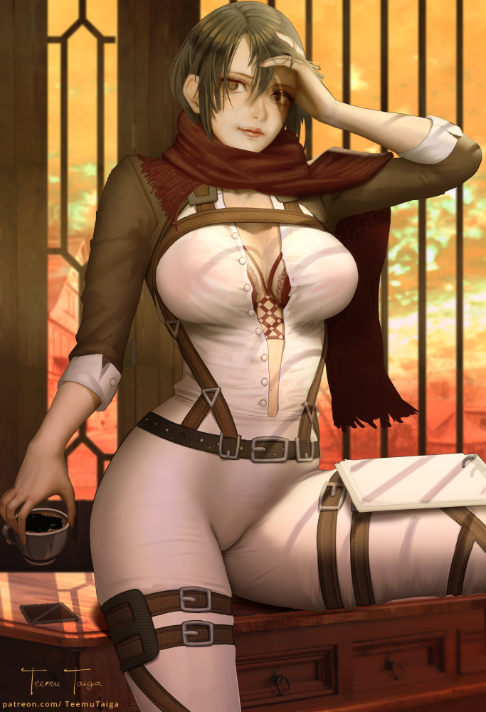 1girl, belt, bra, breasts, brown_eyes, brown_hair, cup, hair_between_eyes