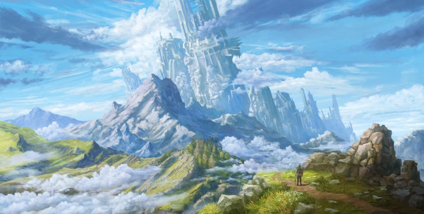 anoc, backpack, bag, city, clouds, fantasy, grass, highres