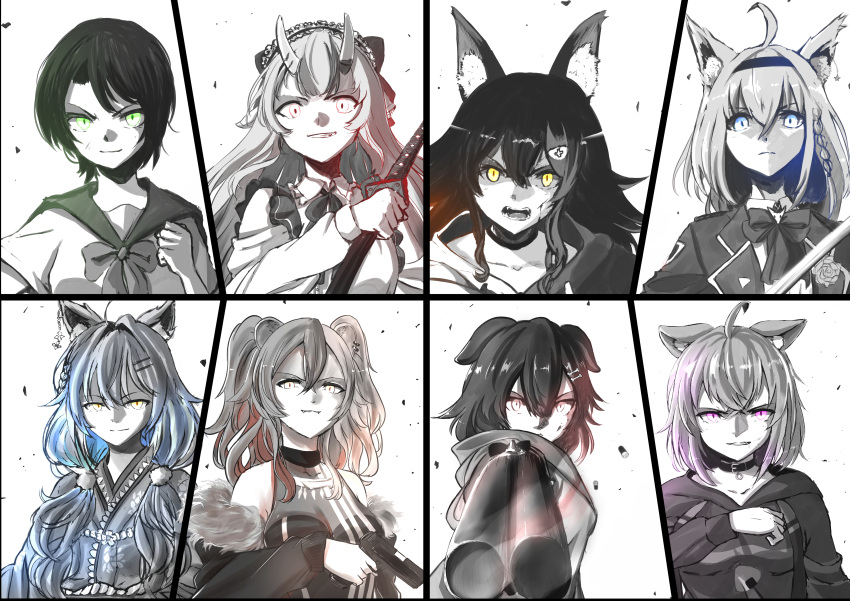 6+girls, absurdres, ahoge, animal_ears, blue_eyes, brown_eyes, cat_ears, dog_ears