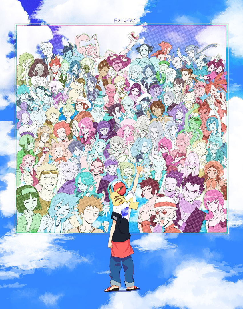 6+boys, 6+girls, :d, ;d, aaron_(pokemon), acerola_(pokemon), agatha_(pokemon), arm_at_side, arm_up, armor, baseball_cap, bertha_(pokemon), black_hair, blaine_(pokemon), blonde_hair, blue_hair, blunt_bangs, bonnet, bow, bowtie, brawly_(pokemon), brock_(pokemon), brothers, brown_hair, bruno_(pokemon), brycen_(pokemon), bugsy_(pokemon), burgh_(pokemon), byron_(pokemon), caitlin_(pokemon), candice_(pokemon), chili_(pokemon), chuck_(pokemon), cilan_(pokemon), clair_(pokemon), clay_(pokemon), clemont_(pokemon), clenched_hand, closed_eyes, closed_mouth, cloud, coat, collared_shirt, commentary_request, copyright_name, crasher_wake, cress_(pokemon), dark-skinned_female, dark_skin, drake_(pokemon), drasna_(pokemon), drayden_(pokemon), elesa_(pokemon), erika_(pokemon), everyone, facepaint, facial_hair, falkner_(pokemon), fantina_(pokemon), father_and_daughter, fingerless_gloves, flannery_(pokemon), flint_(pokemon), flip-flops, floating_hair, gardenia_(pokemon), glacia_(pokemon), glasses, gloves, gotcha!, gotcha!_boy_(pokemon), grant_(pokemon), green_hair, green_hat, grimsley_(pokemon), hair_bobbles, hair_ornament, hairband, hala_(pokemon), halftone, hand_up, hapu_(pokemon), hat, headband, helmet, highres, holding, ilima_(pokemon), inline_skates, jacket, janine_(pokemon), jasmine_(pokemon), jewelry, juan_(pokemon), kahili_(pokemon), karen_(pokemon), kiawe_(pokemon), koga_(pokemon), korrina_(pokemon), lana_(pokemon), lenora_(pokemon), liza_(pokemon), long_hair, lorelei_(pokemon), lucian_(pokemon), mallow_(pokemon), marlon_(pokemon), marshal_(pokemon), maylene_(pokemon), mina_(pokemon), misty_(pokemon), molayne_(pokemon), morty_(pokemon), multi-tied_hair, multicolored_hair, multiple_boys, multiple_girls, mustache, nanu_(pokemon), necklace, norman_(pokemon), old, old_man, olivia_(pokemon), olympia_(pokemon), on_shoulder, one_eye_closed, open_mouth, orange_hair, p-40_(tukinosita-de), pants, phoebe_(pokemon), pikachu, pink_hair, pointing, pokemon, pokemon_(creature), pokemon_bw, pokemon_bw2, pokemon_dppt, pokemon_hgss, pokemon_on_shoulder, pokemon_oras, pokemon_sm, pokemon_xy, ponytail, popped_collar, pryce_(pokemon), purple_hair, purple_headband, ramos_(pokemon), roark_(pokemon), roller_skates, roxanne_(pokemon), roxie_(pokemon), sabrina_(pokemon), sandals, shauntal_(pokemon), shirt, short_hair, short_sleeves, siblings, sidelocks, sidney_(pokemon), siebold_(pokemon), skates, sky, skyla_(pokemon), sleeveless, sleeveless_shirt, smile, sophocles_(pokemon), spiked_hair, spread_fingers, standing, surge_(pokemon), suspenders, sweater, tate_(pokemon), traditional_bowtie, turtleneck, turtleneck_sweater, twintails, two-tone_hair, valerie_(pokemon), very_short_hair, viola_(pokemon), volkner_(pokemon), waving, white_hair, whitney_(pokemon), wikstrom_(pokemon), will_(pokemon), winona_(pokemon), wulfric_(pokemon)