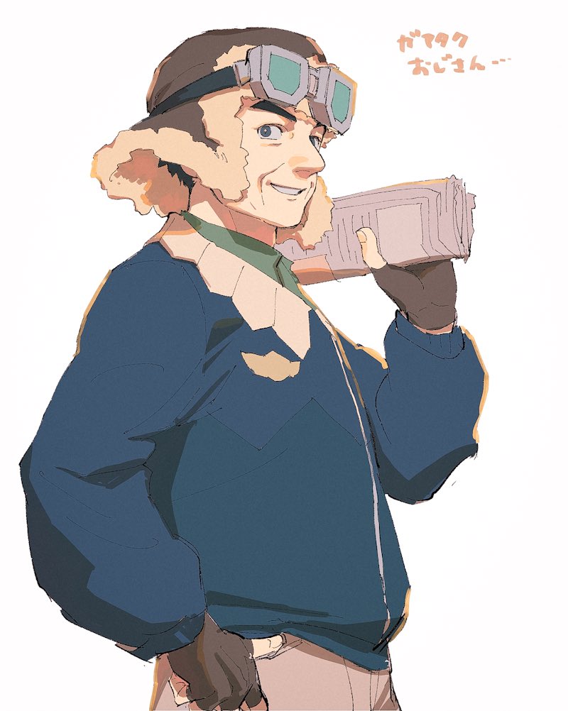 1boy, black_hair, blue_jacket, brown_gloves, cabbie_(pokemon), commentary_request, fingerless_gloves, gloves
