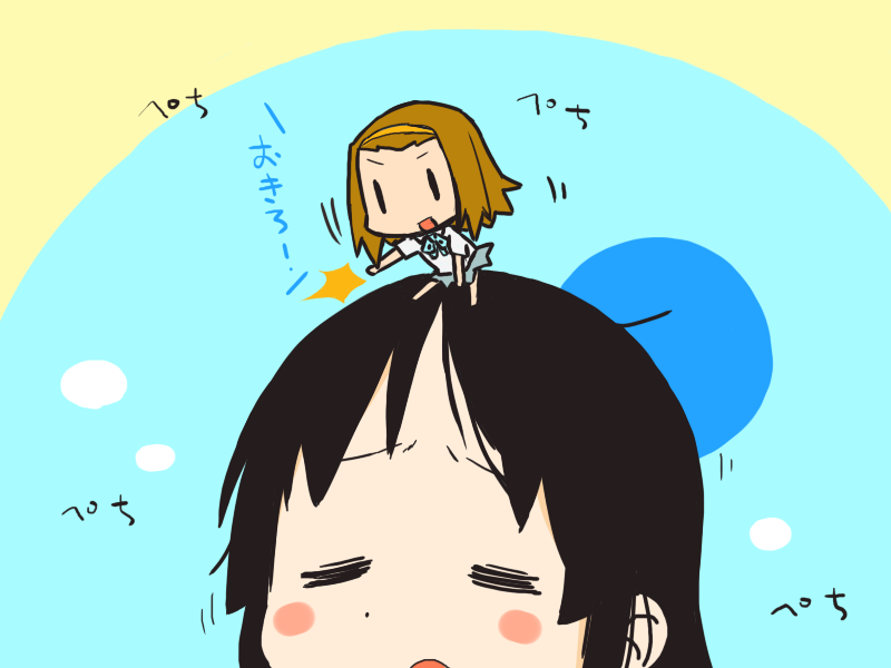 2girls, akiyama_mio, black_hair, blush_stickers, brown_hair, chibi, closed_eyes, hairband