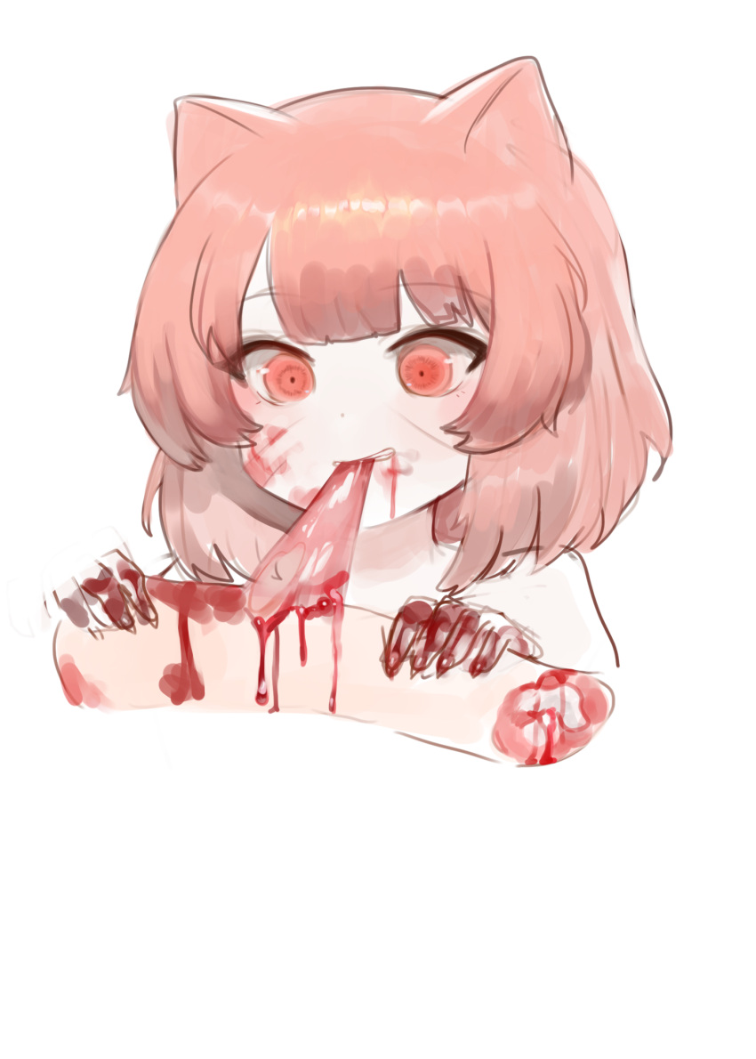1girl, animal_ears, bangs, blood, blood_on_face, bloody_hands, cannibalism, clenched_teeth