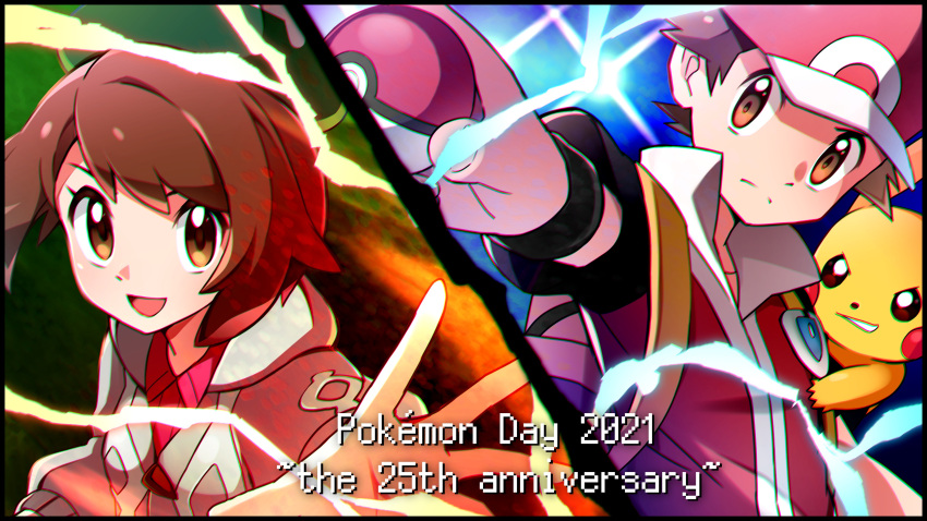 1boy, 1girl, absurdres, anniversary, bangs, baseball_cap, brown_eyes, brown_hair