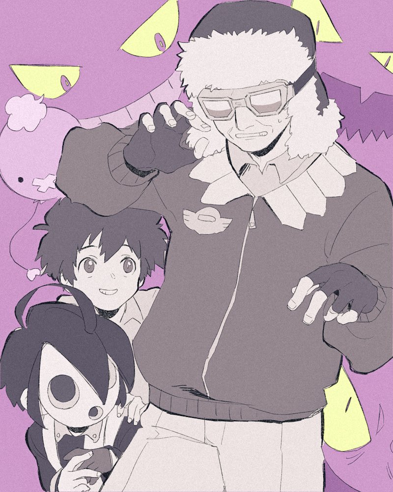 3boys, ahoge, allister_(pokemon), bangs, black_hair, cabbie_(pokemon), collared_shirt, commentary_request