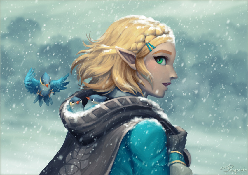 1girl, bird, blonde_hair, blue_shirt, braid, cape, falling_snow, french_braid