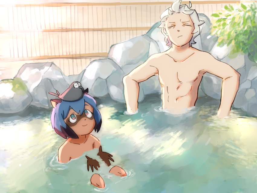 1boy, 1girl, absurdres, animal_ears, animal_on_head, bangs, bath, bathing