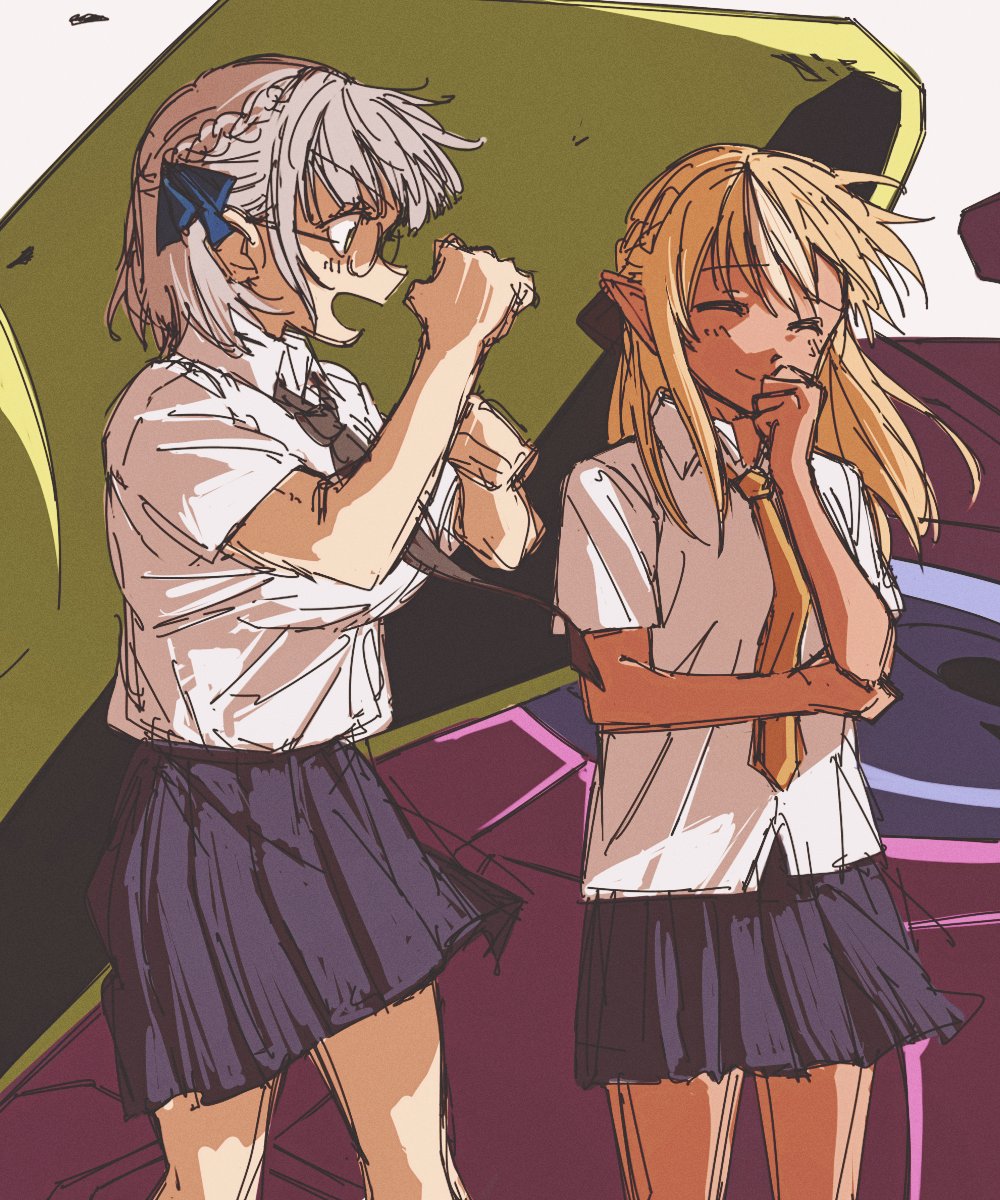 2girls, alternate_costume, black_skirt, clenched_hand, collared_shirt, dark_skin, dark-skinned_female, eva_01