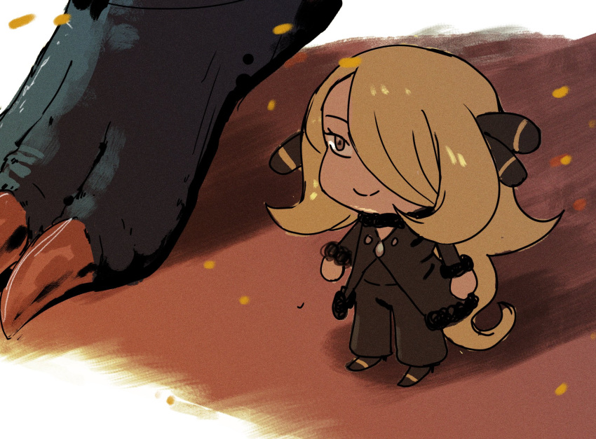 1girl, blonde_hair, chibi, cynthia_(pokemon), fur_trim, garchomp, gen_4_pokemon, hair_ornament