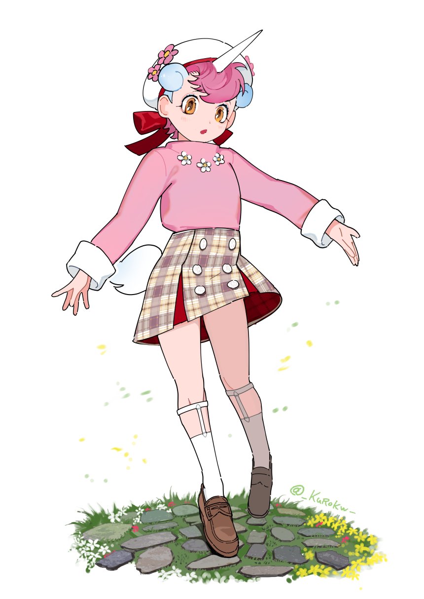 1girl, beige_skirt, beret, bow, brown_footwear, cobblestone, commentary_request, eyebrows_visible_through_hair