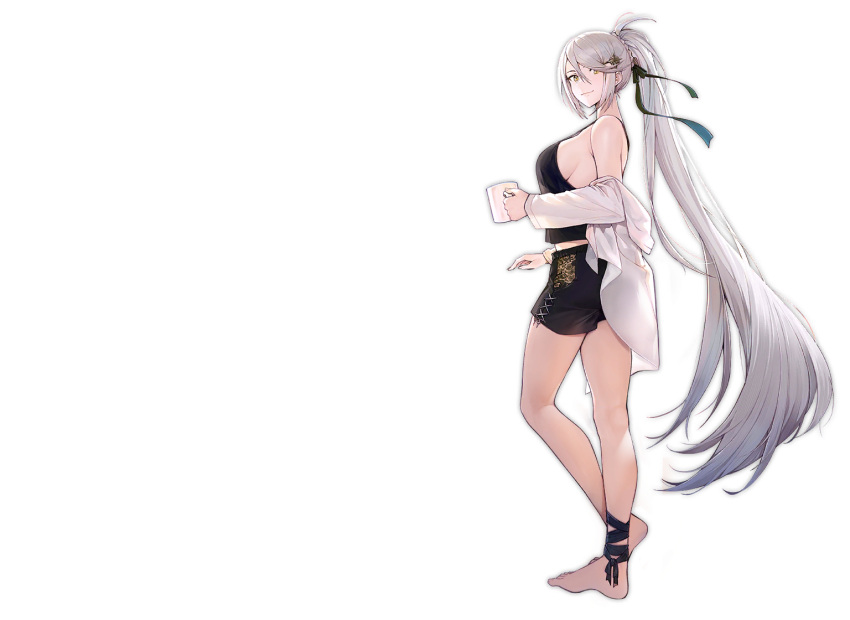 1girl, ankle_ribbon, azur_lane, bangs, barefoot, black_shorts, breasts, character_name