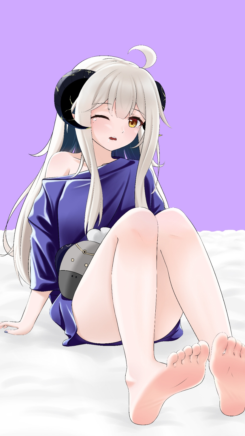 alternate_costume, barefoot, blue_shirt, blush, brown_eyes, chinese_commentary, ciyana, cowlick