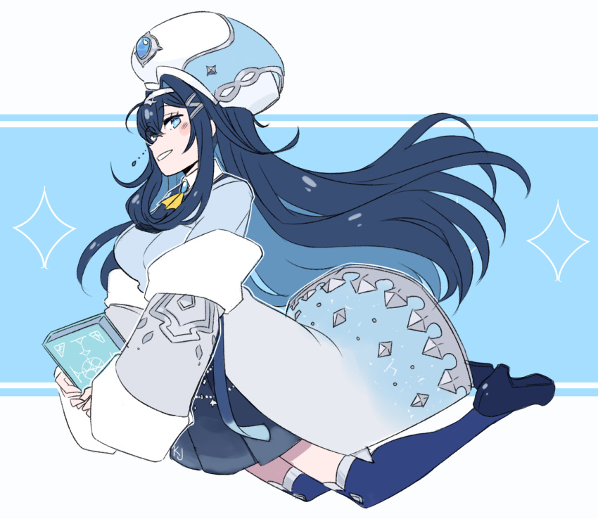 1girl, bangs, blue_hair, blue_headwear, blue_jacket, blue_skirt, blush, book