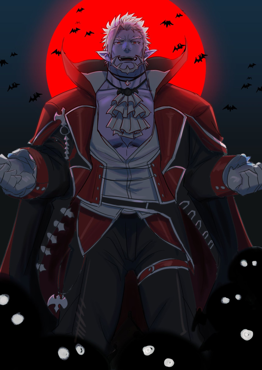 1boy, :d, animal, ascot, bat, beard, black_jacket, black_pants