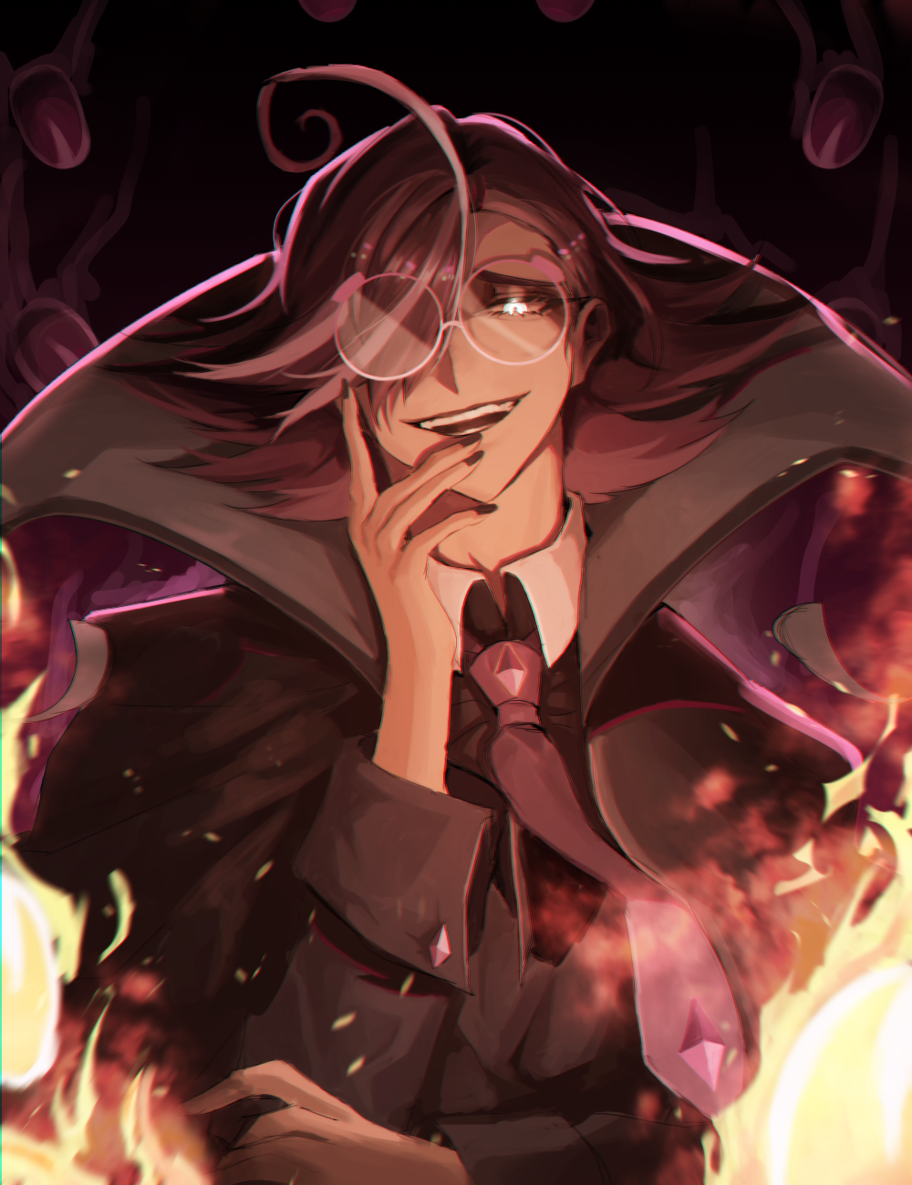 1boy, ahoge, black_hair, black_nails, coffee_beans, cookie_run, espresso_cookie, ggi_bang, glasses, hair_over_one_eye, highres, looking_at_viewer, male_focus, medium_hair, necktie, personification, smile, solo, upper_body