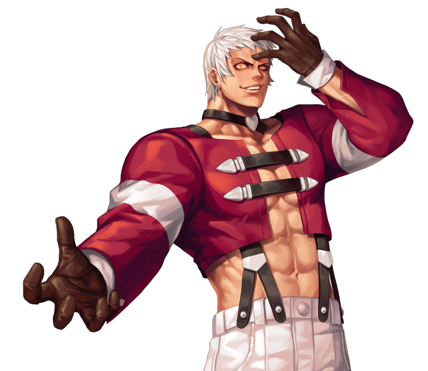 1boy, abs, arm_up, bangs, black_choker, brown_gloves, choker, collarbone, commentary_request, cowboy_shot, cropped_jacket, earrings, evilgun, gloves, heart, heart_choker, highres, jacket, jewelry, long_sleeves, looking_at_viewer, male_focus, muscular, muscular_male, nanakase_yashiro, navel, open_mouth, orochi_yashiro, pants, pectorals, red_jacket, short_hair, simple_background, smile, smirk, solo, standing, suspenders, the_king_of_fighters, the_king_of_fighters_'97, upper_teeth, white_background, white_hair, white_pants