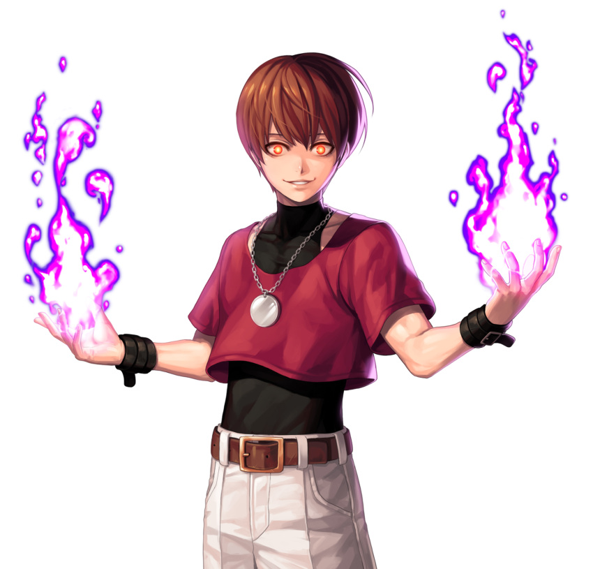 1boy, bangs, belt, black_shirt, brown_belt, brown_hair, chris_(kof), commentary_request