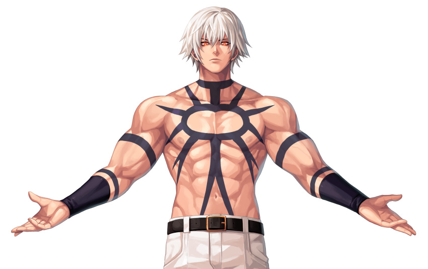 1boy, abs, bangs, belt, biceps, black_belt, closed_mouth, collarbone