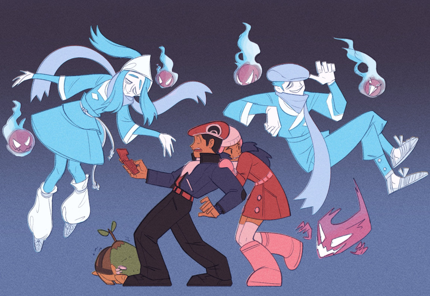 2boys, 2girls, adjusting_clothes, adjusting_headwear, beanie, black_hair, boots, coat, hikari_(pokemon), eli_osborne, female_protagonist_(pokemon_legends:_arceus), floating, gastly, gen_1_pokemon, gen_4_pokemon, ghost, gradient, gradient_background, hat, haunter, head_scarf, highres, jacket, looking_at_another, lucas_(pokemon), male_protagonist_(pokemon_legends:_arceus), multiple_boys, multiple_girls, pink_footwear, pokemon, pokemon_(creature), pokemon_(game), pokemon_dppt, pokemon_legends:_arceus, red_headwear, scared, scarf, turtwig