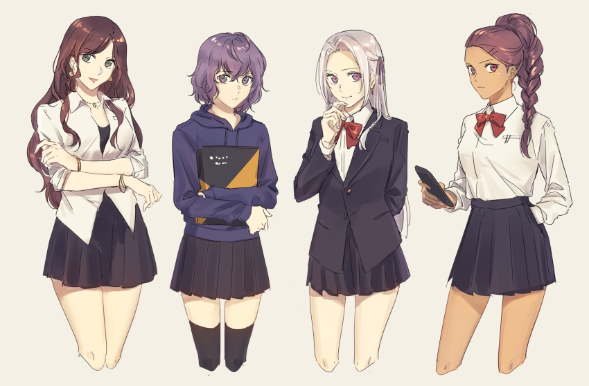 4girls, :d, alternate_costume, arm_behind_back, bangs, bernadetta_von_varley, black_legwear, black_skirt